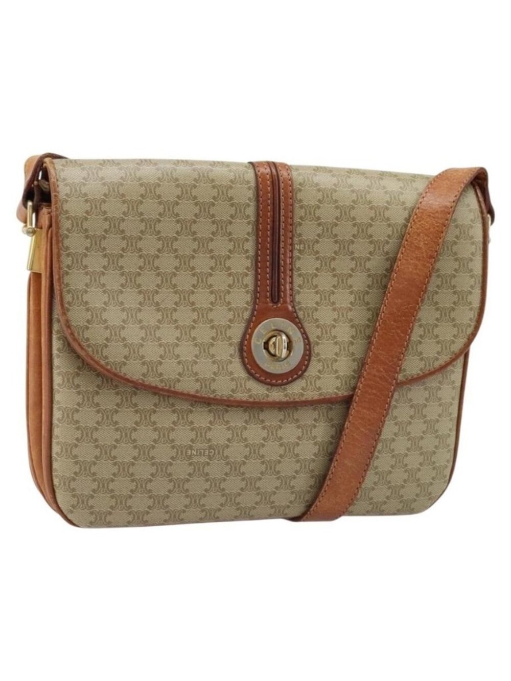 Authentic CELINE Macadam Canvas Circle Shoulder Bag PVC Beige Gold